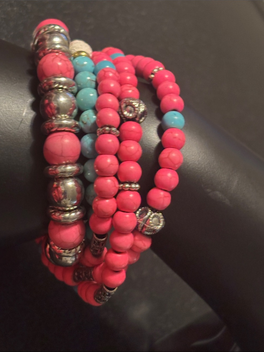 Pink and Blue Stone Beaded Stackable Bracelets with Silver Accents - Picture 7 of 13